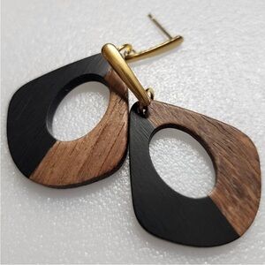 Hand Crafted Black and Brown Teardrop Wood Earrings with Gold Accent